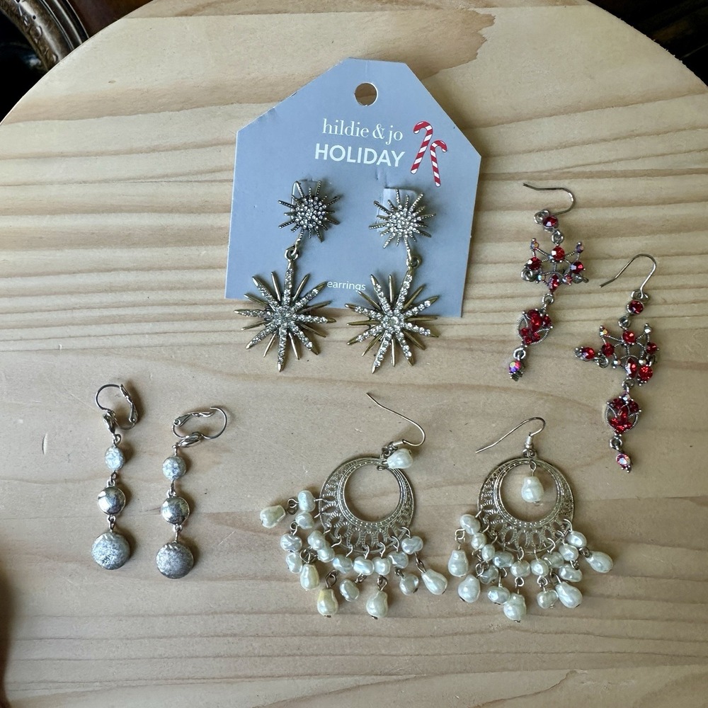 VTG 4 Pairs Dangle Earrings Lot Faux Pearl Rhinestone Starburst Stud‎ Hooks
